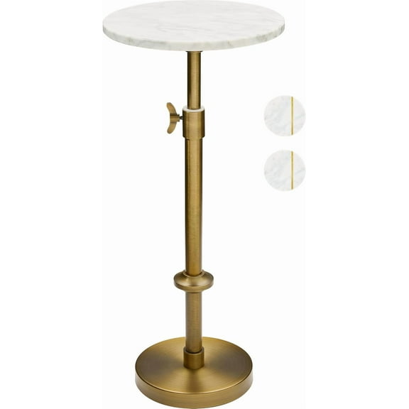 Adjustable-Height Marble Drink Table - 10x10x22-30, White Marble & Antique Brass, Modern Round End Table, Side Table with Pedestal Stand for Small Spaces, Vintage Metal Martini Cocktail Accent