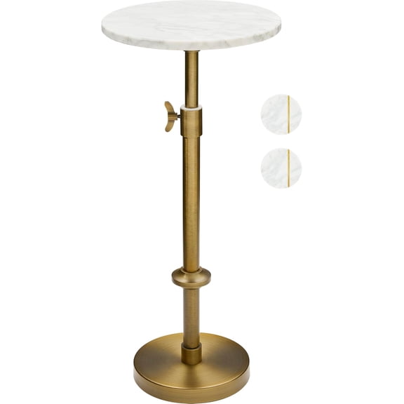 Adjustable-Height Marble Drink Table - 10x10x22-30, White Marble & Antique Brass, Modern Round End Table, Side Table with Pedestal Stand for Small Spaces, Vintage Metal Martini Cocktail Accent