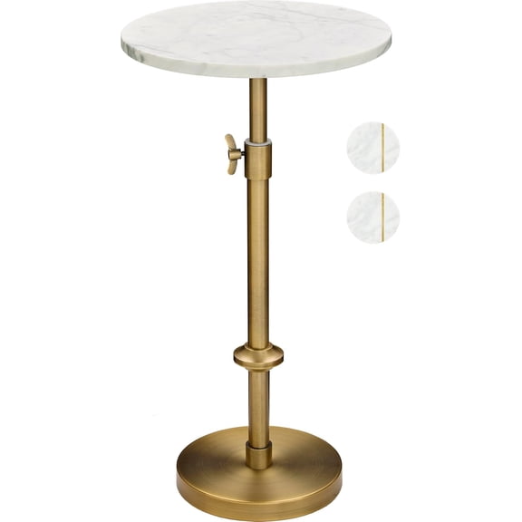 Adjustable-Height Marble Drink Table - 12x12x22-30, White Marble & Antique Brass, Modern Round End Table, Side Table with Pedestal Stand for Small Spaces, Vintage Metal Martini Cocktail Accent