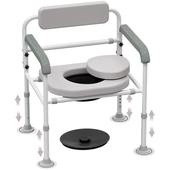 Adjustable Height Medical Commode Chair with Padded Backrest and Drop Arm Support in White