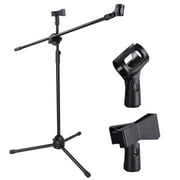 Yescom Microphone Stand Boom Arm Floor Tripod Dual Mic Clip 31"-53" Adjustable Height, 360-degree Rotating for Stage Podcast