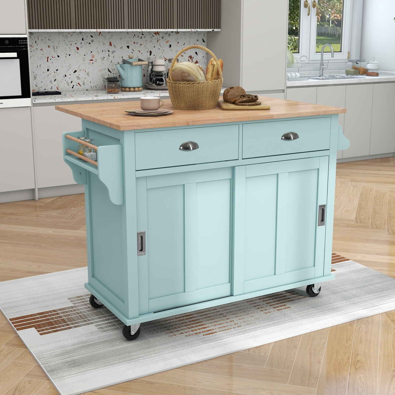 Adjustable Height Mint Green Kitchen Island Cart with Rubber wood Drop