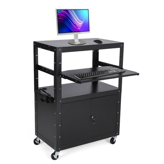 Adjustable Height Mobile AV Utility Cart – Locking Cabinet, Pullout Keyboard Tray, Power Strip, Sturdy Steel Shelves, Extra Storage – Rolling Multi-Purpose Office Cart for Equipment