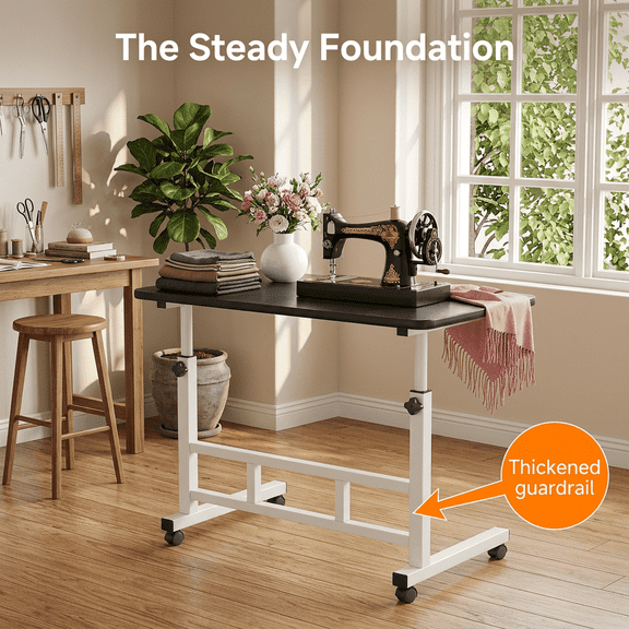 Adjustable Height Mobile Craft Storage Table with Double Shelves & 4 Silent 360° Wheels, Multifunctional Sewing Knitting Work Desk Black White for Bedroom Living Room