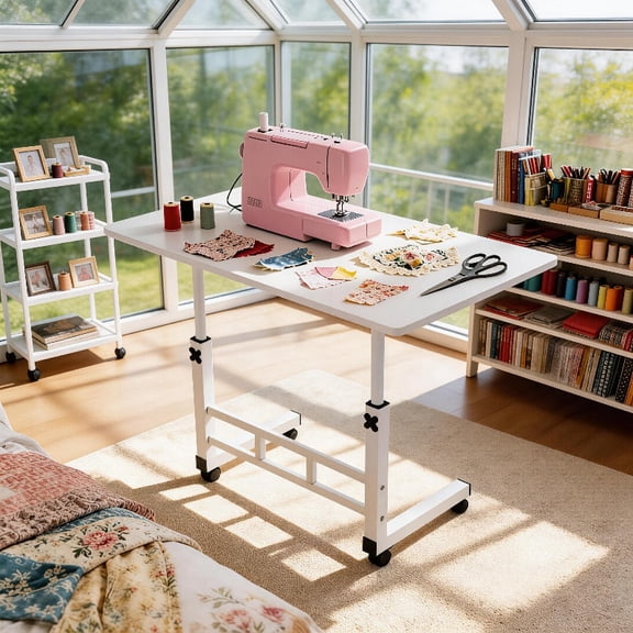 Adjustable Height Mobile Craft Table – 60x40 Rolling Art & Sewing Workstation with Wheels
