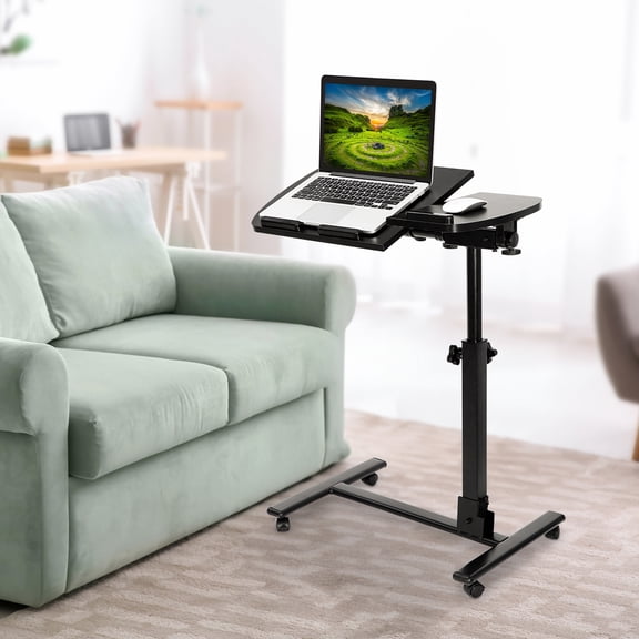 Adjustable Height Mobile Laptop Desk Cart with 4 Rolling Casters, Tilting Tabletop & Mouse Tray, Black, for Home Office, Sofa, Bedside Use