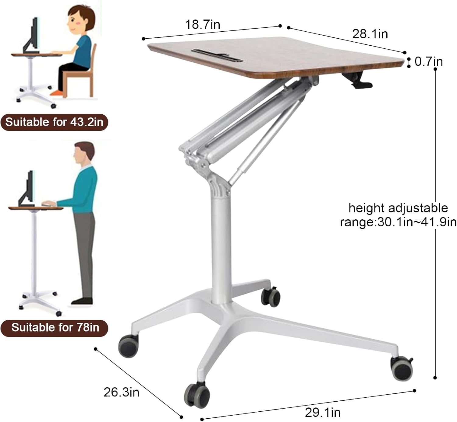 Adjustable Height Mobile Laptop Desk with Pneumatic Lift and 4 Lockable ...