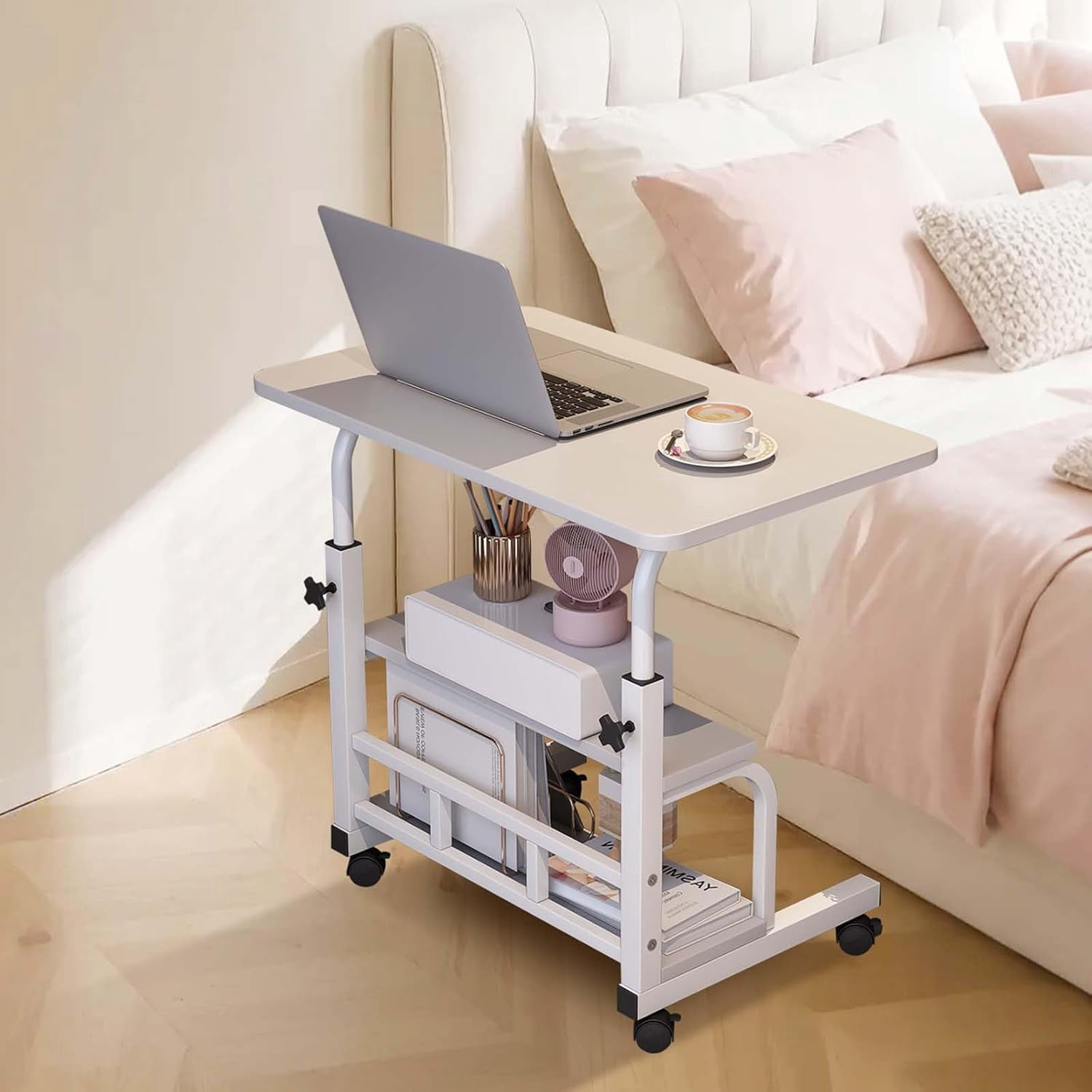 Adjustable Height Mobile Standing Desk – Compact Portable Laptop Table with Storage Shelves – Rolling Computer Desk for Home Office, Study, School – Ergonomic, with Wheels, White 60 x 40CM
