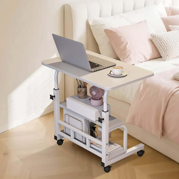 Adjustable Height Mobile Standing Desk – Compact Portable Laptop Table with Storage Shelves – Rolling Computer Desk for Home Office, Study, School – Ergonomic, with Wheels, White 60 x 40CM