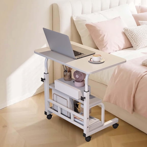 Adjustable Height Mobile Standing Desk Compact Portable Laptop Table with Storage Shelves Rolling Computer Desk for Home Office, Study, School Ergonomic, with Wheels, White 60 x 40CM