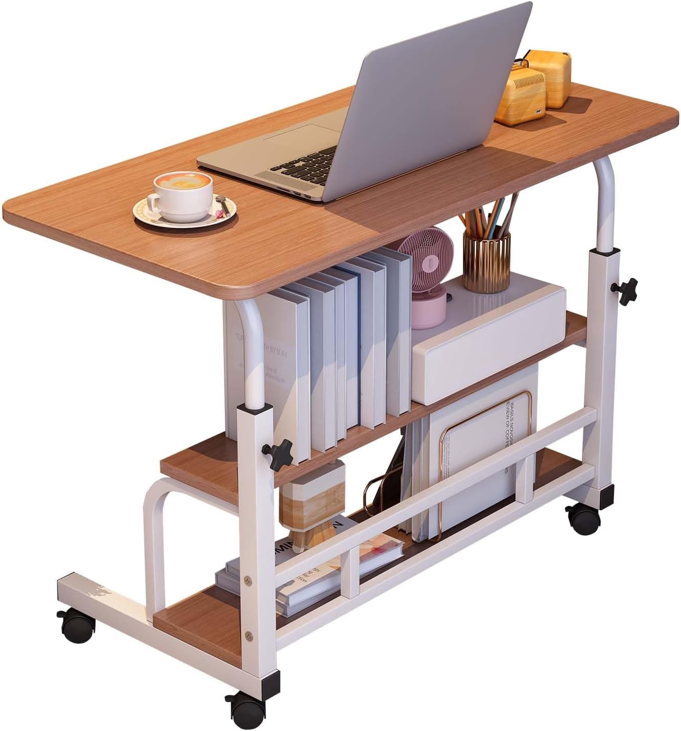 Adjustable Height Mobile Standing Desk – Ergonomic Rolling Computer Table with Storage Shelves – Space-Saving Laptop Desk for Home Office or School – with Wheels, Walnut 80 x 40CM