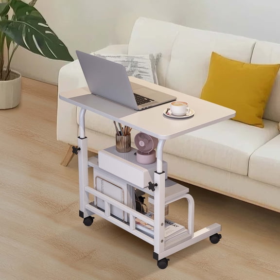 Adjustable Height Mobile Standing Desk – Rolling Computer Table with Storage Shelves – Small Laptop Desk for Home Office, School, Bedside – Space-Saving, with Wheels, White