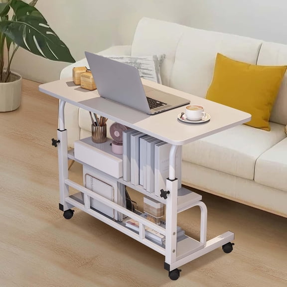 Adjustable Height Mobile Standing Desk, Rolling Computer Table with Wheels for Home Office, White