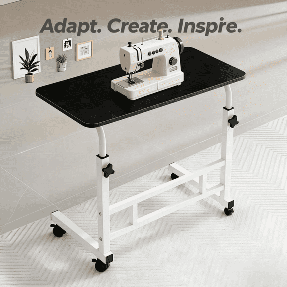 Adjustable Height Mobile Table with Lockable Wheels & Folding - Heavy-Duty Reinforced Frame Suitable for Artists, Crafters, Sewing Workbench, Space-Saving Table for Small Rooms, Bedrooms, Workshops