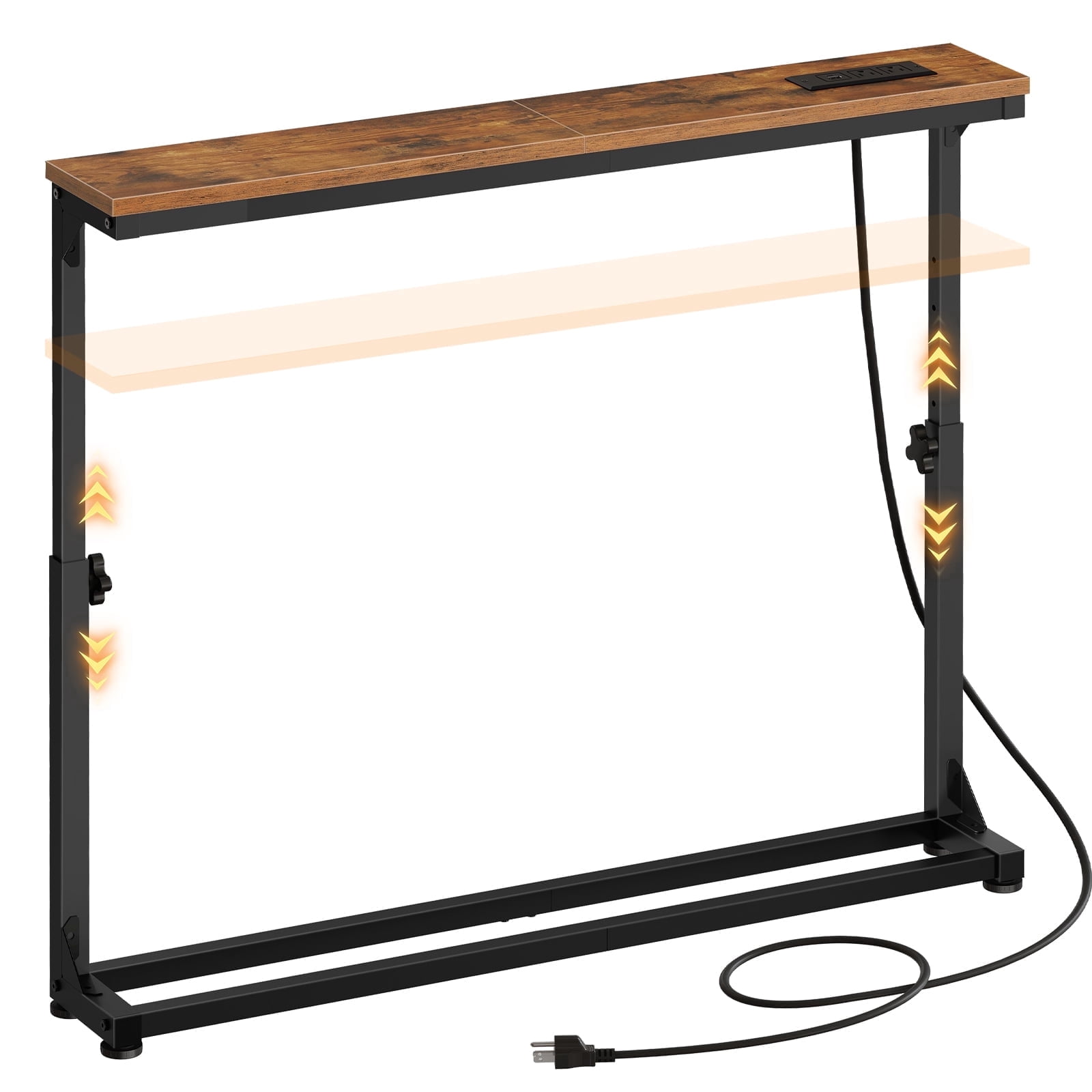 HOOBRO Farmhouse Adjustable Height Narrow Console Table with Charging Station, Rustic Brown