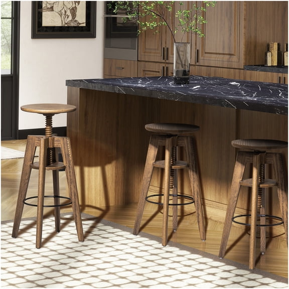 Adjustable Height Oak Bar Stool, Scandinavian Kitchen Island Stool with Wood Screw Mechanism
