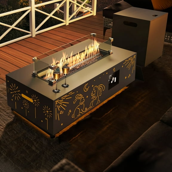 RADIATA 42” Rectangle Fire Pit Table, Dual Fuel Propane & Natural Gas Outdoor Firepit with Tank Table & LED Lights, 50000 BTU, Dark Gray