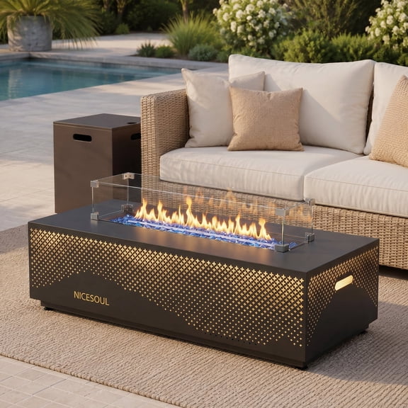 RADIATA 42" Rectangle Propane Fire Pit Table With Magnetic Rechargeable 3-Color LED Light Bars, Dual-Fuel (Propane + Natural Gas)