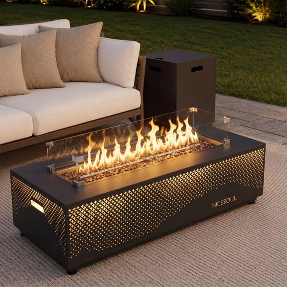 RADIATA 42 in Outdoor Propane and Natural Gas Fire Pit Table, 50000 BTU Rectangular Patio Fireplace with Hidden Tank Side Table, Glass Wind Guard, LED Star Lights, CSA Certified, Dark Gray