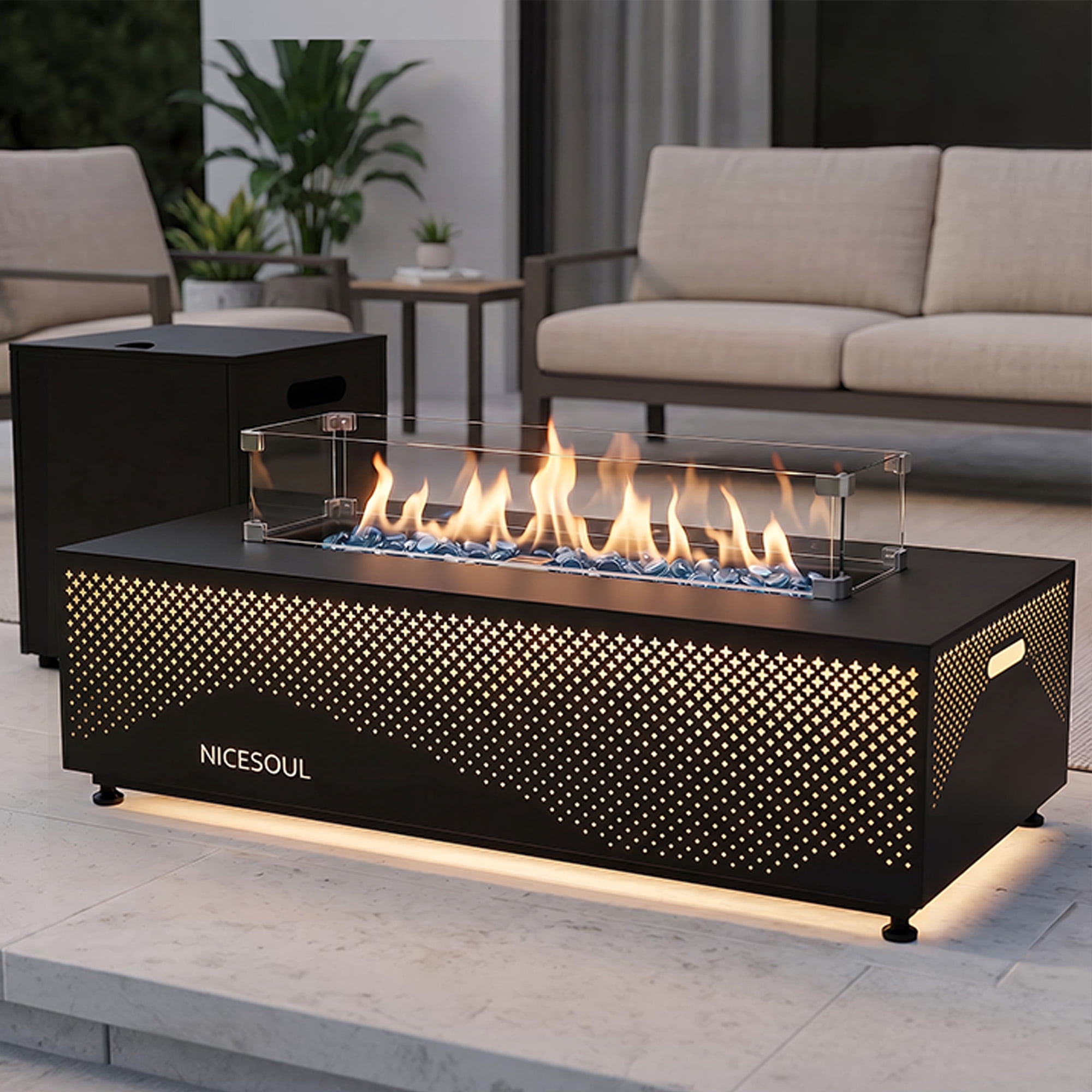 RADIATA 42" Rectangle Propane Fire Pit Table With Magnetic Rechargeable 3-Color LED Light Bars, Dual-Fuel (Propane + Natural Gas)