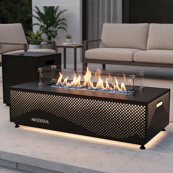 RADIATA 42" Rectangle Propane Fire Pit Table With Magnetic Rechargeable 3-Color LED Light Bars, Dual-Fuel (Propane + Natural Gas)