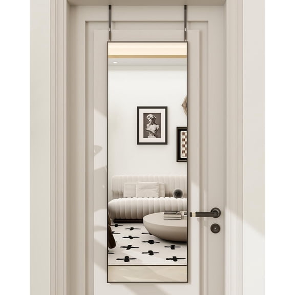 Adjustable Height Over-the-Door Full-Length Rectangular Mirror with Shatterproof Tempered Glass and Black Aluminum Frame, 48" L x 14" W, Modern Thin-Framed Home Decor