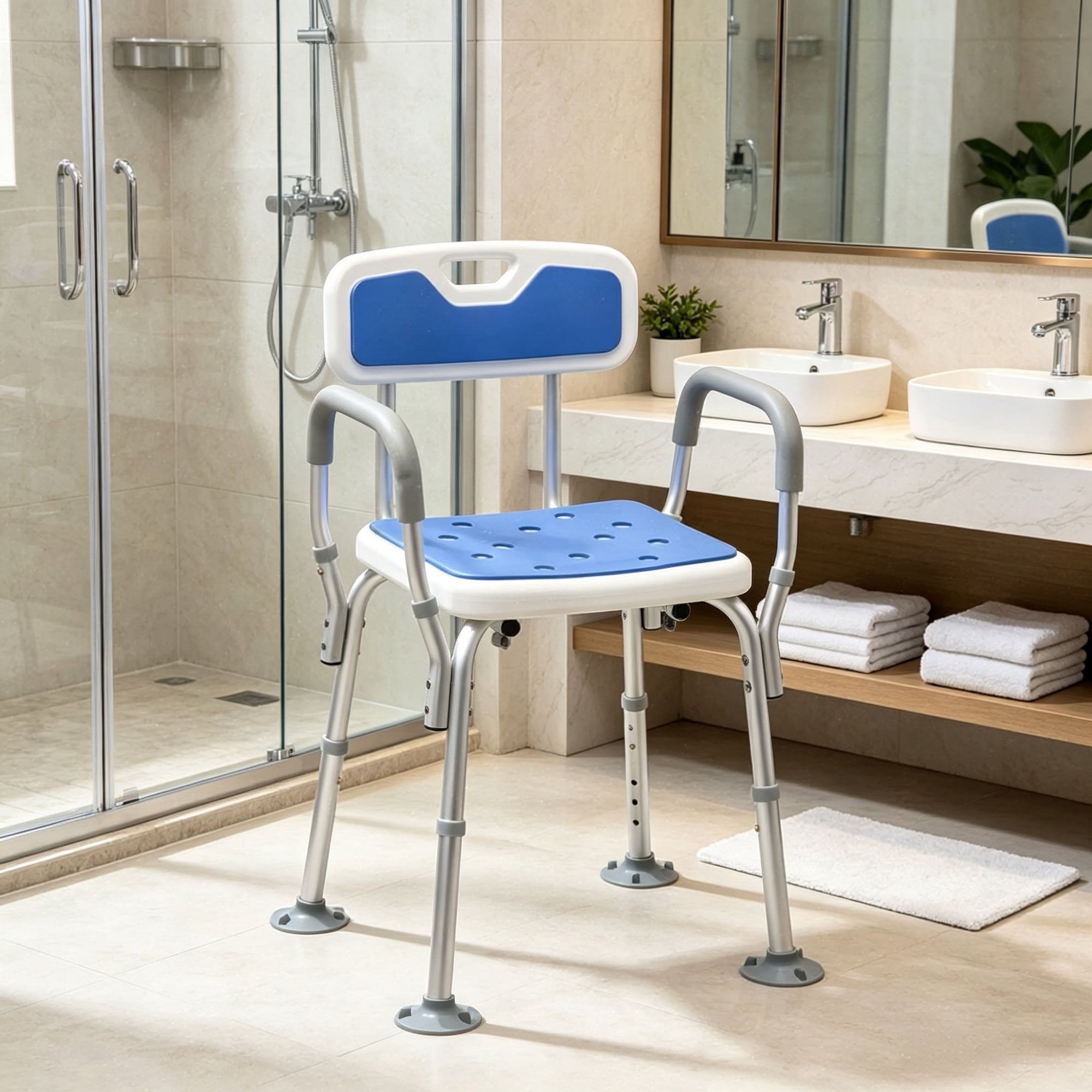 Adjustable Height Padded Shower Chair with Arms And Back Anti-slip Bath Seat for Seniors And Disabled Tool-Free Assembly, 299lbs