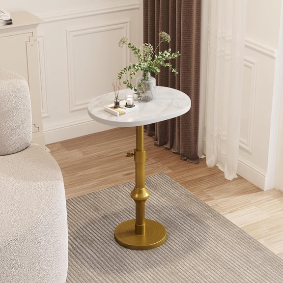 Adjustable-Height Pedestal Drink Table, Antique Brass Metal Plant Stand with Faux Marble Oval Tabletop, Side Table for Small Spaces, Living Room, Bedroom, Balcony, and Hotel Lobbies White-gold