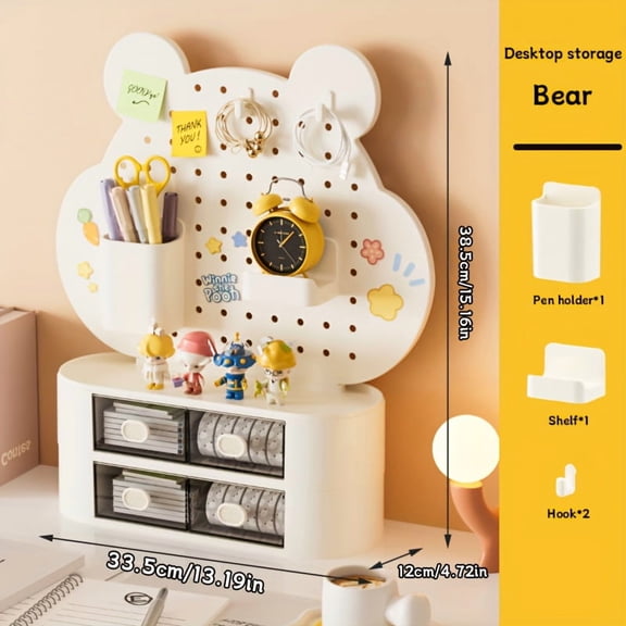 Adjustable Height Pegboard Desk Organizer with Modular Drawers & Expandable Wall-Mounted Grid Shelves - White Plastic Storage System, Space-Saving Vertical Organizer for Home Office, Dorm, Workspace