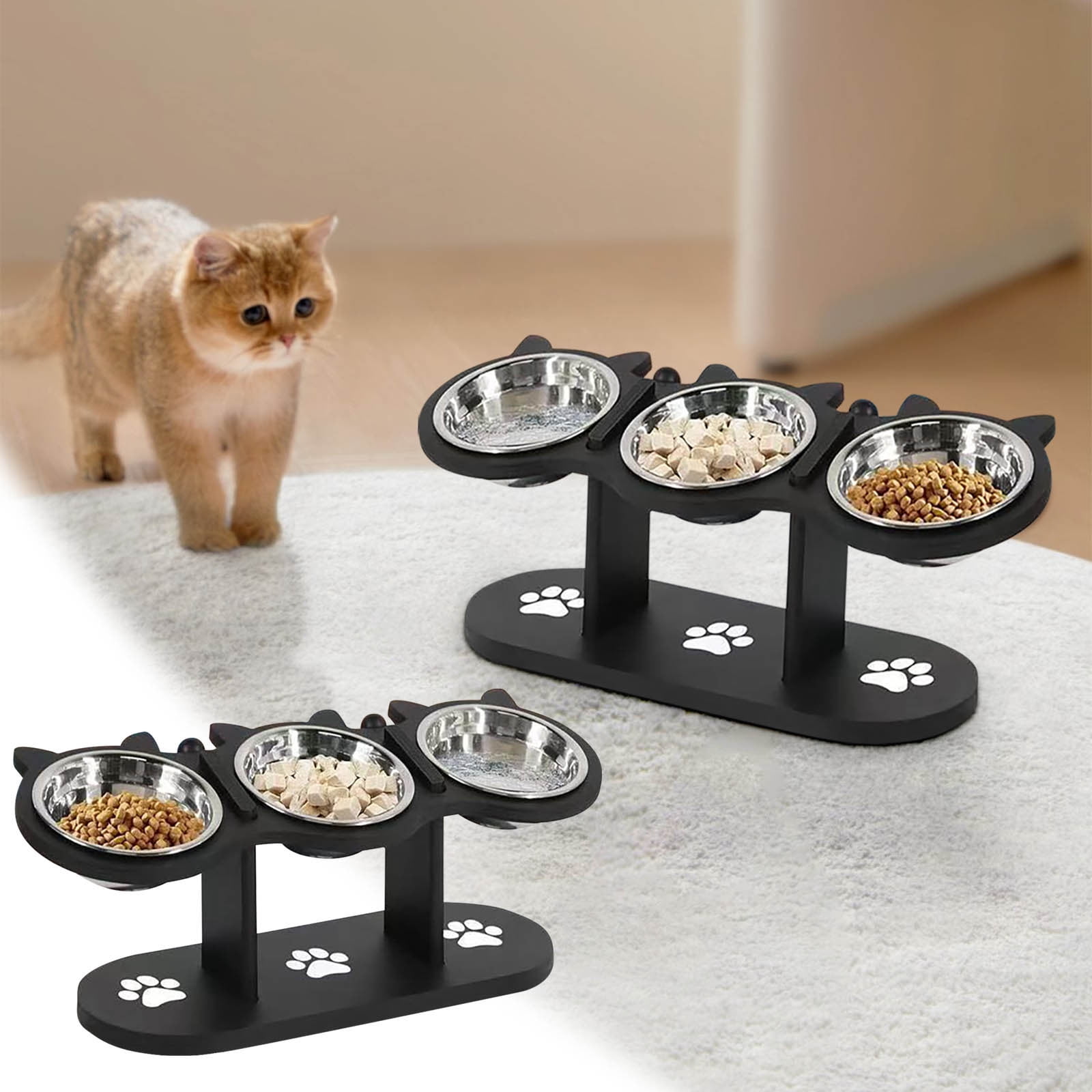 Adjustable Height Pet Feeding Station with 3 Stainless Steel Bowls, 15-Degree Tilted Cat and Dog Food Bowls on Black Stand, Includes 1 Set