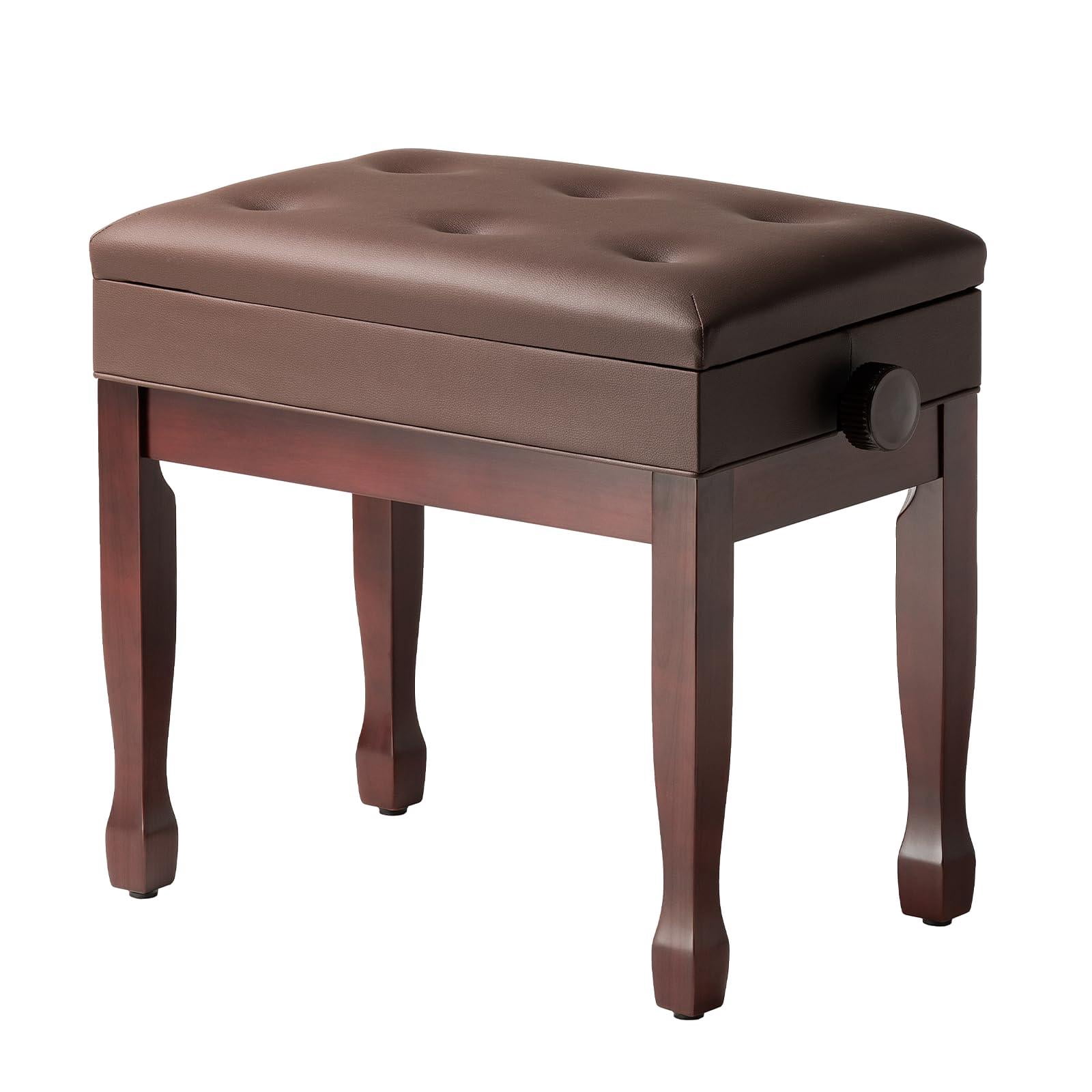 Adjustable Height Piano Bench Stool Pu Leather Cushion Wooden Keyboard Seat With Music Storage (brown)