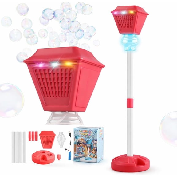 Adjustable Height Post Light Style Bubble Maker, Rechargeable LED Light High Output, Continuous Bubbles for Outdoor Patio Wedding & Party Red