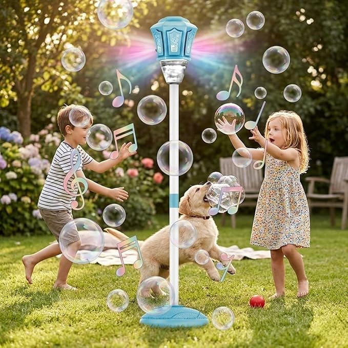 Adjustable Height Post Light Style Kids Bubble Toy, Rechargeable LED Light Continuous Bubbles, No Leak for Outdoor Wedding & Bubble Party Fun Blue