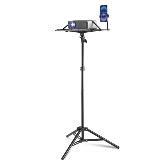 Adjustable Height Projector Stand Tripod with Tray and Gooseneck Phone Holder Portable for Outdoor Movies Home Office Stage Studio