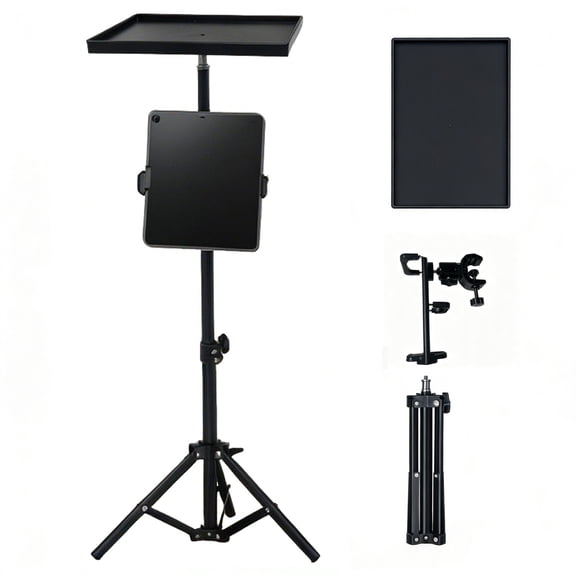 Adjustable Height Projector Tripod Stand with Storage Tray, 2-in-1 Tablet & Phone Holder, 360 Rotatable Ball Head & C-Clamp Mount, Projectors, Live Streaming, Office & Home Use