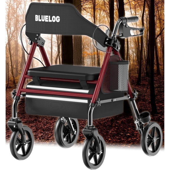 Bluelog Mobility Walkers and Rollators, 4-Wheel Rolling Walker with Adjustable Height and Seat, Red, 350 lb Limit