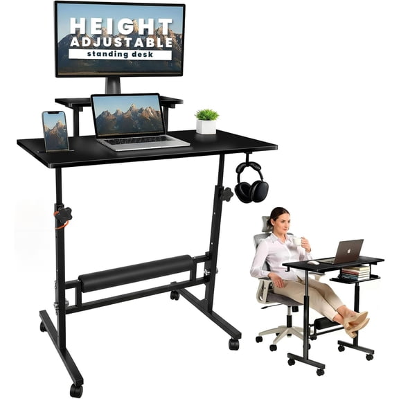 Adjustable Height Rolling Desk With Wheels Portable Compact Laptop Table Mobile Workstation For Study Office Small Space Standing Desk Ergonomic Writing Surface Modern Home Furniture Black