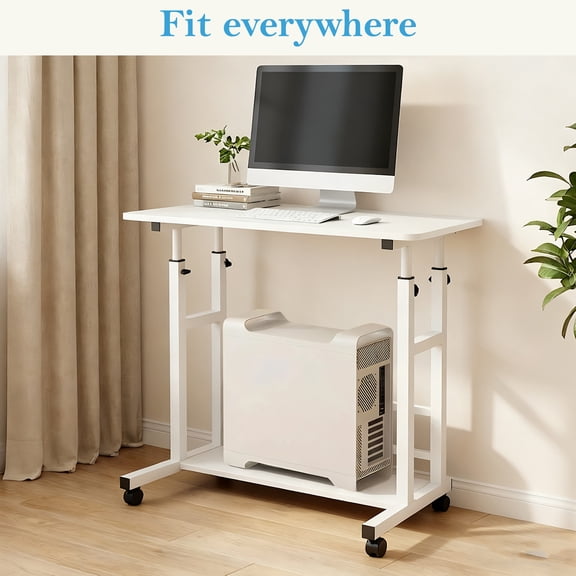 Adjustable Height Rolling Desk on Wheels Portable Computer Workstation with Storage Racks for Small Apartments Home Office Study White