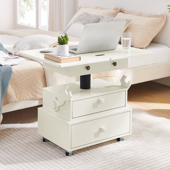 Adjustable Height Rolling End Table with Charging Station, High-Gloss Lacquered Lift Top Table with Storage Drawers and Lockable Wheels for Living Room Bedroom Home Office, White