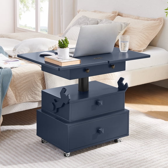 Adjustable Height Rolling End Table with Charging Station, High-Gloss Lacquered Lift Top Table with Storage Drawers and Lockable Wheels for Living Room Bedroom