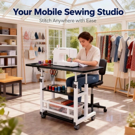 Adjustable Height Rolling Folding Craft Table with Locking Wheels, Multipurpose Workbench for Art and Sewing