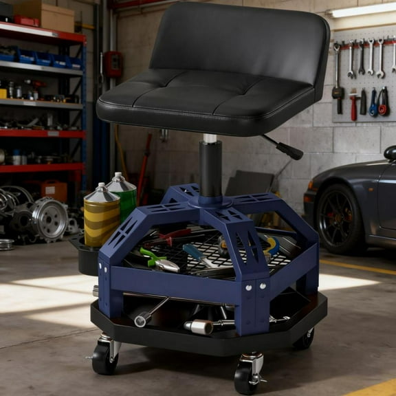 Adjustable Height Rolling Garage Creeper Stool with Tool Tray - Heavy-Duty Mechanic Stool with 360 Wheels & Dual Storage Trays