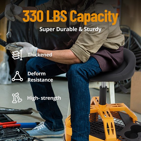 Adjustable Height Rolling Mechanic Garage Stool with Wheels - 23-30cm Range - 330 lbs Capacity - 360° Swivel - Padded Seat & Backrest - Double Mesh Frame - Tool Tray & Cup Holder - Square Feet