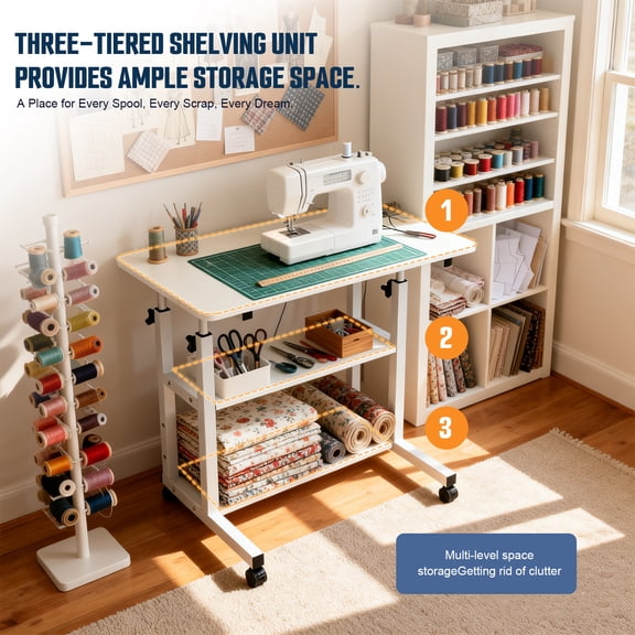 AdjustableHeight Rolling Sewing Table with Wheels, 6040cm Movable Craft Workstation