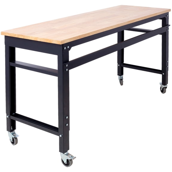 Adjustable Height Rolling Workbench 60in Wide Steel Frame with Rubber Wood Top for Garage Workshop