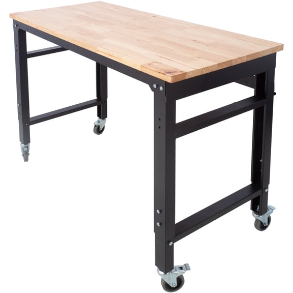 Adjustable Height Rolling Workbench for Garage - 48 Wide Steel Frame with Rubber Wood Top, Workshop Tool Bench with Locking Wheels