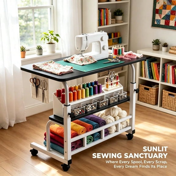 Adjustable Height Sewing Craft Table with Wheels, Multi-Tier Storage Sewing Workbench with Tabletop Riser, Portable Rolling Fabric Cutting Table for DIY Quilting Sewing Projects and Home Craft Activi