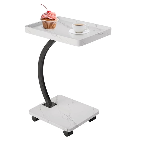 Adjustable Height Side Table with Wheels & 360° Swivel | Multi-Functional c-Shape End Table for Small Spaces | Modern Night Stand for Living Room, Bedroom & Office Use, White