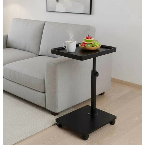 Adjustable Height Side Table with Universal Wheels, Durable MDF Top and Steel Frame, Multifunctional Tea Table for Patio, Deck, Balcony, Black