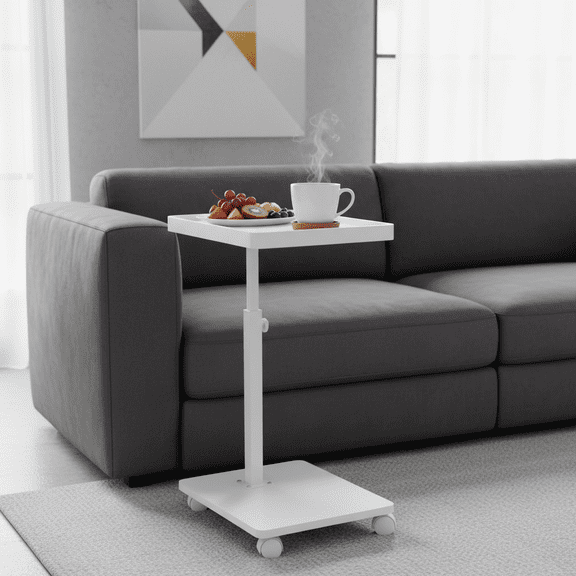 GAMBE Adjustable Height Side Table with Universal Wheels, Durable MDF Top and Steel Frame, Multifunctional Tea Table for Patio, Deck, Balcony, White